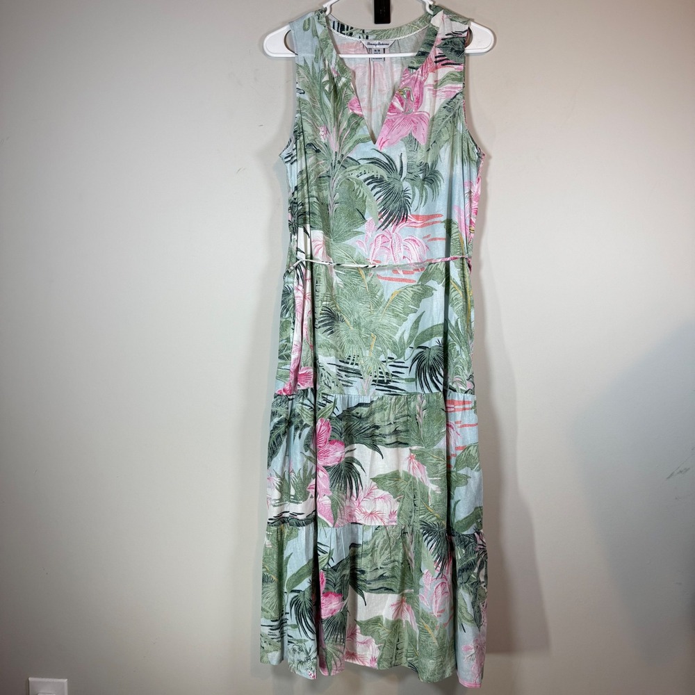 Tommy Bahama Maxi Dress Womens Medium Blue Tropical Linen Coastal Vacation Flowy